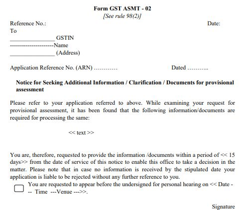 Notice for Seeking Additional Information, Form GST ASMT-02
