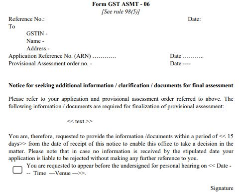 Documents for final assessment, Form GST ASMT-06